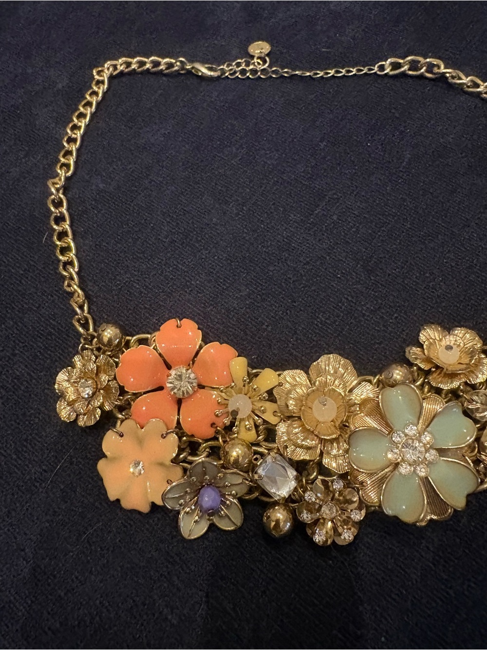 Floral Statement Necklace – Gold Tone Multi-Color Rhinestone & Enamel Flowers - Picture 3 of 3